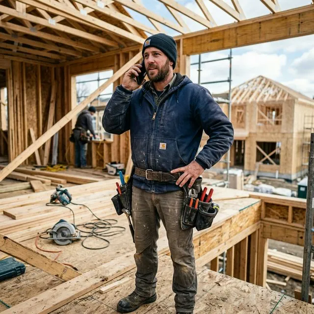 Handwerker auf Baustelle telefoniert