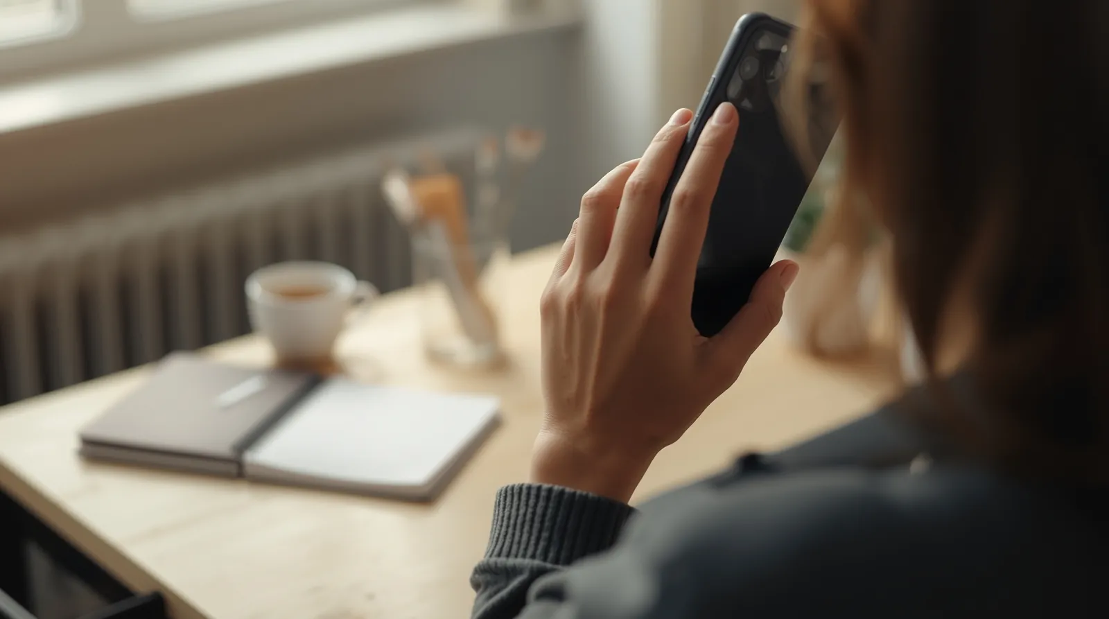 Eine Hand hält ein Smartphone ans Ohr, im Hintergrund ein ruhiges Büro mit Holztisch