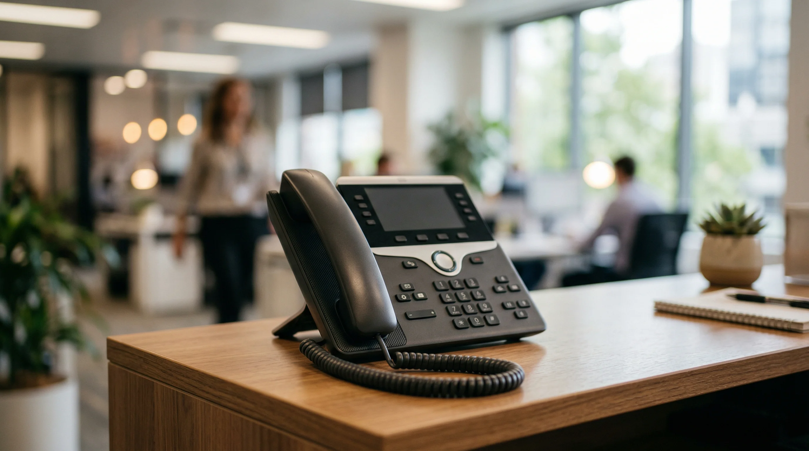 KI Anrufbeantworter: Modernes IP-Telefon im Büro mit Team im Hintergrund