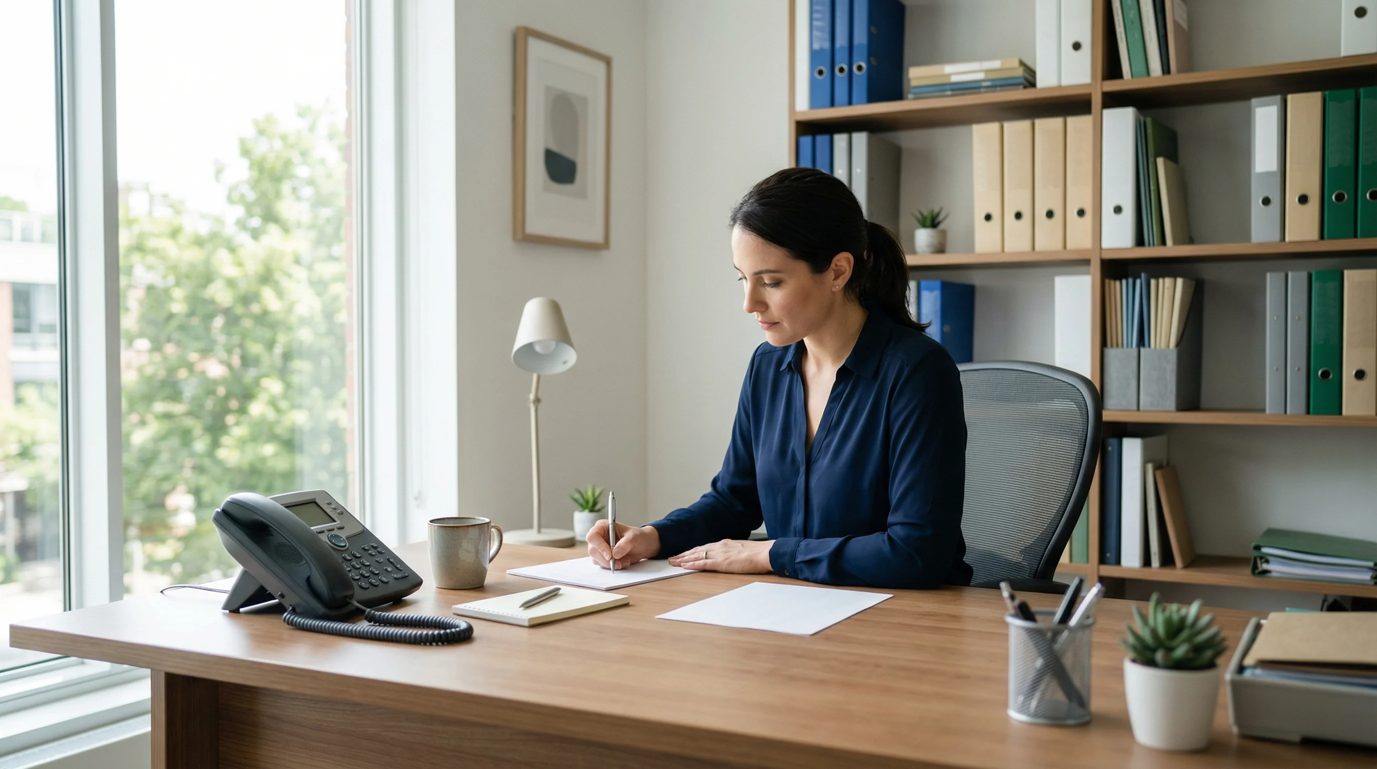 KI Anrufbeantworter: Kleines Büro mit Festnetztelefon auf geordnetem Schreibtisch im Seitenlicht