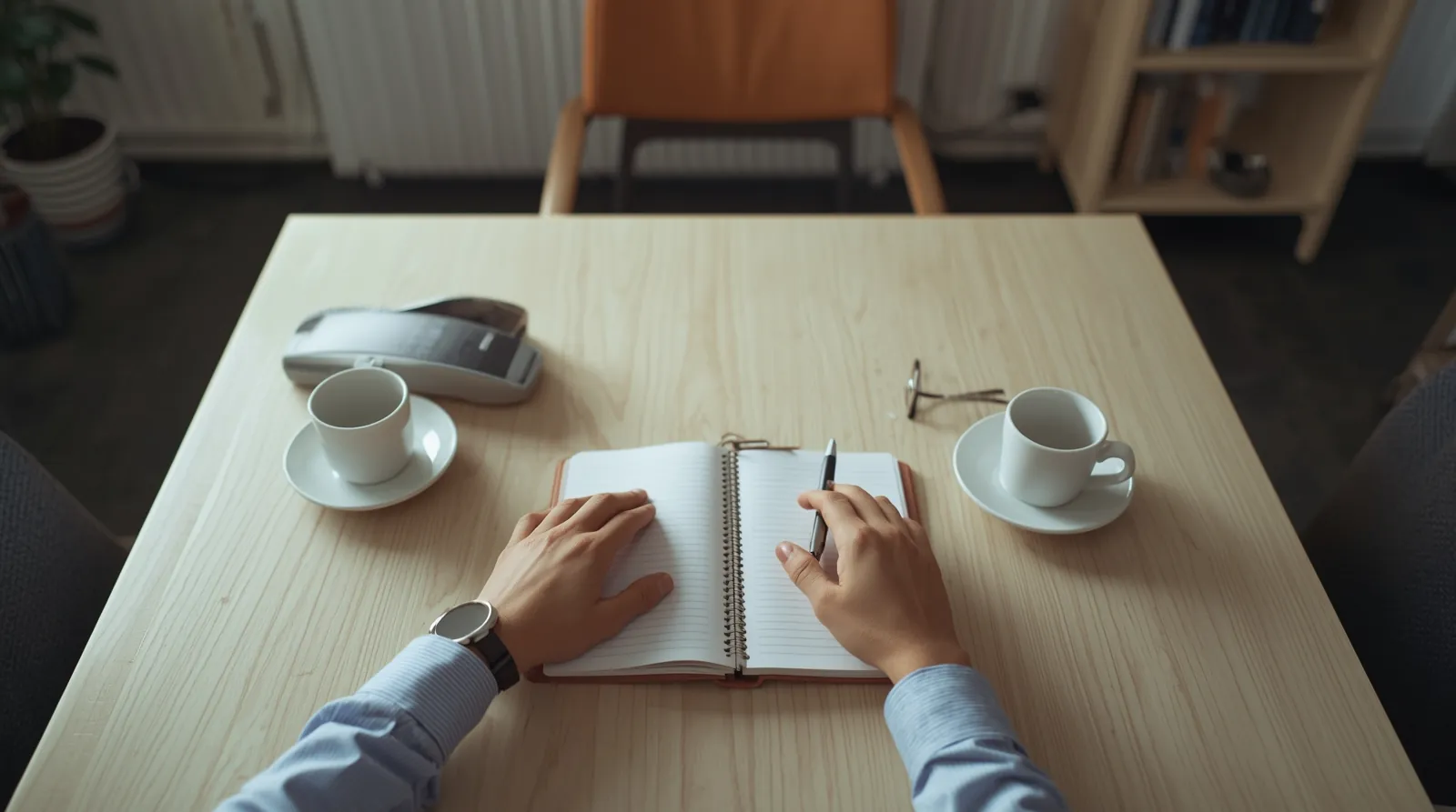 Hände über einem offenen Notizbuch auf einem Holztisch, daneben ein Telefon und zwei Kaffeetassen