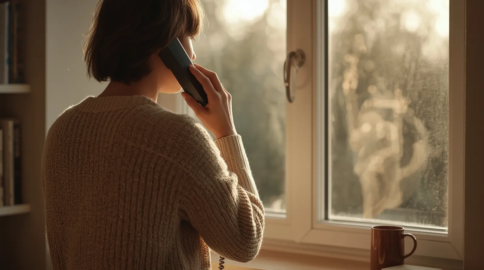 Eine Person im beigen Pullover telefoniert am Küchenfenster und wartet, von hinten gesehen