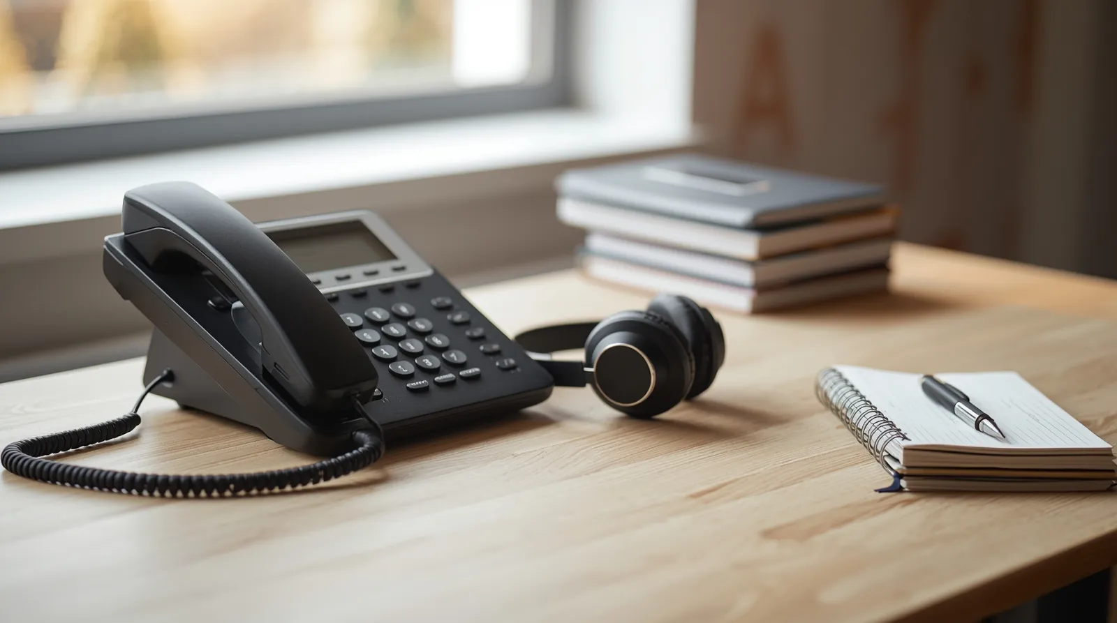 Telefon, Kopfhörer und ein Notizblock mit Stift auf einem hellen Holztisch am Fenster