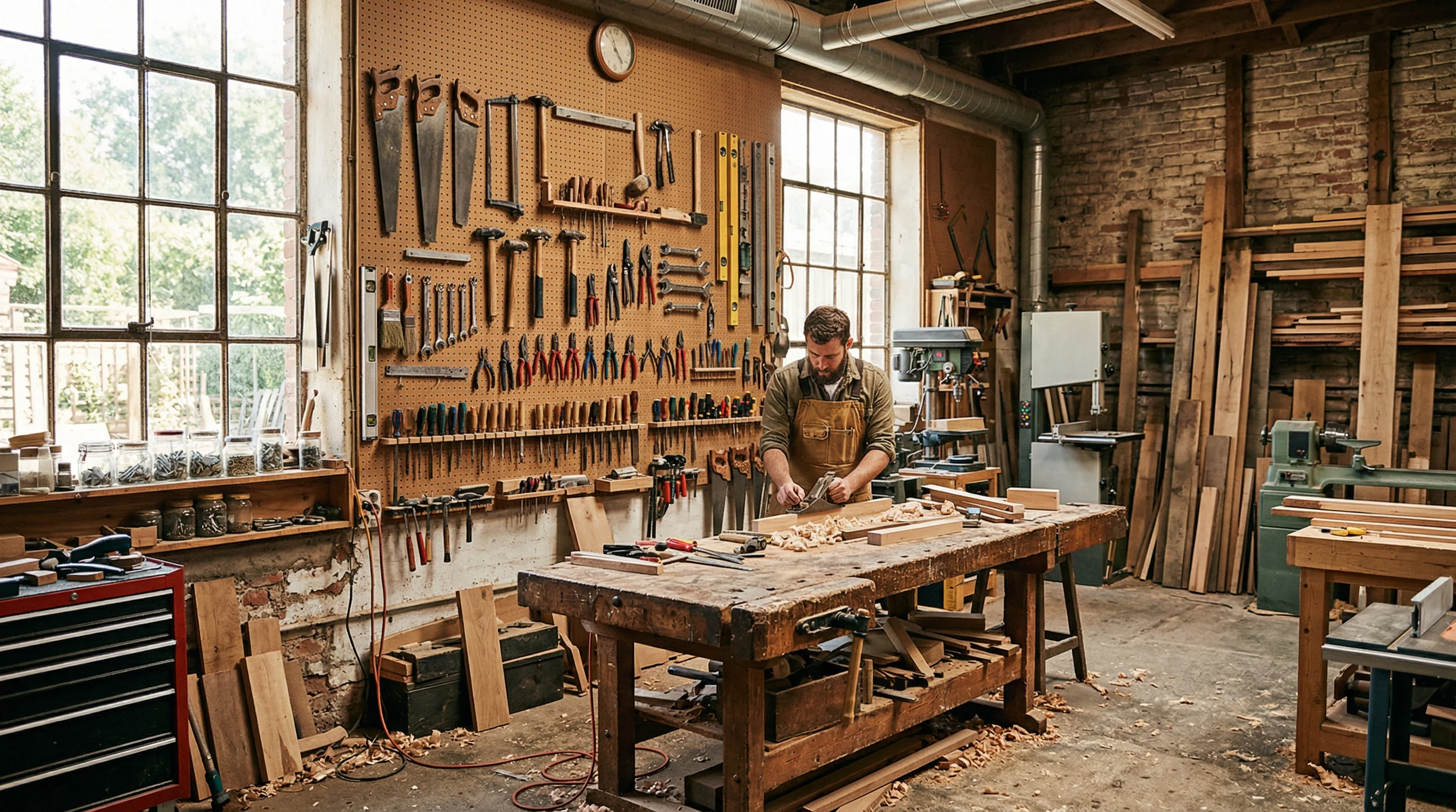 KI Telefonassistent Handwerk: Handwerker auf Baustelle beim professionellen Einsatz mit Werkzeug