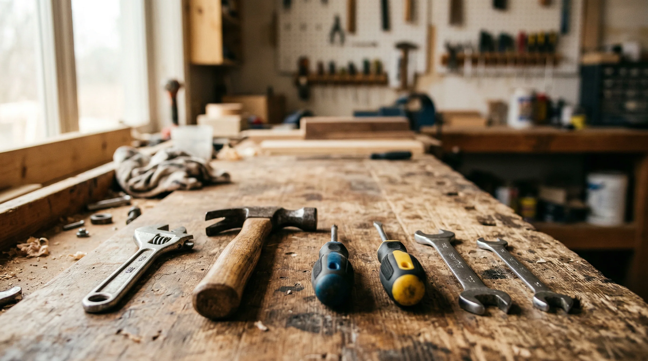 KI Telefonassistent Handwerk: Handwerkzeuge auf Holzwerkbank im warmen Werkstattlicht angeordnet