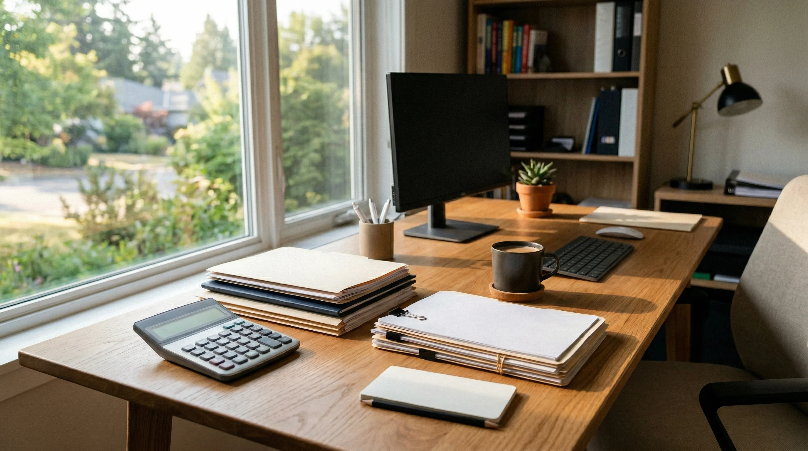 KI Telefonassistent Kosten: Finanzarbeitsplatz mit Taschenrechner und Dokumenten für ROI-Berechnung