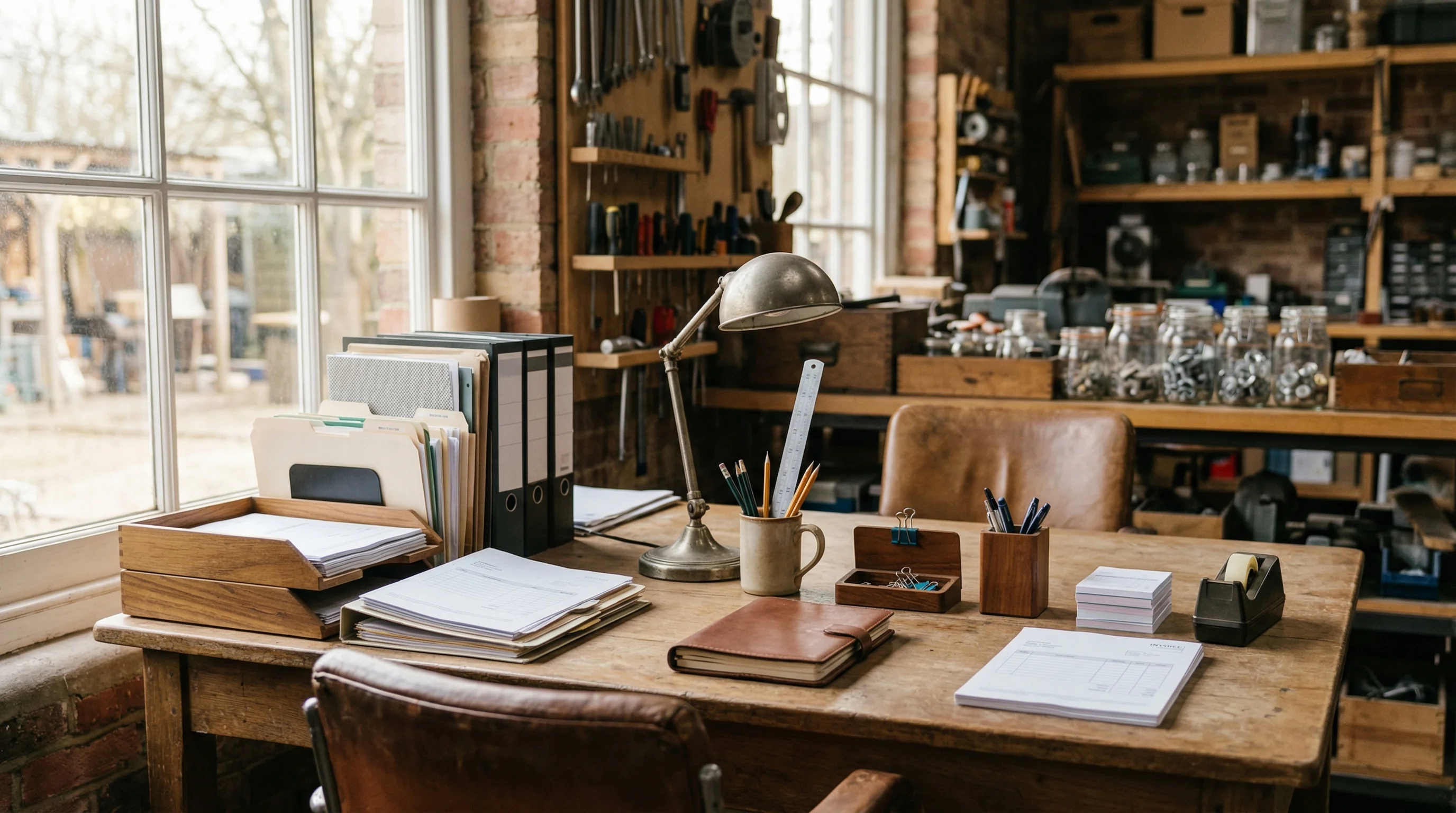 KI Telefonassistent Kosten: Schreibtisch mit Notizbuch und Stift für strukturierte Kostenplanung