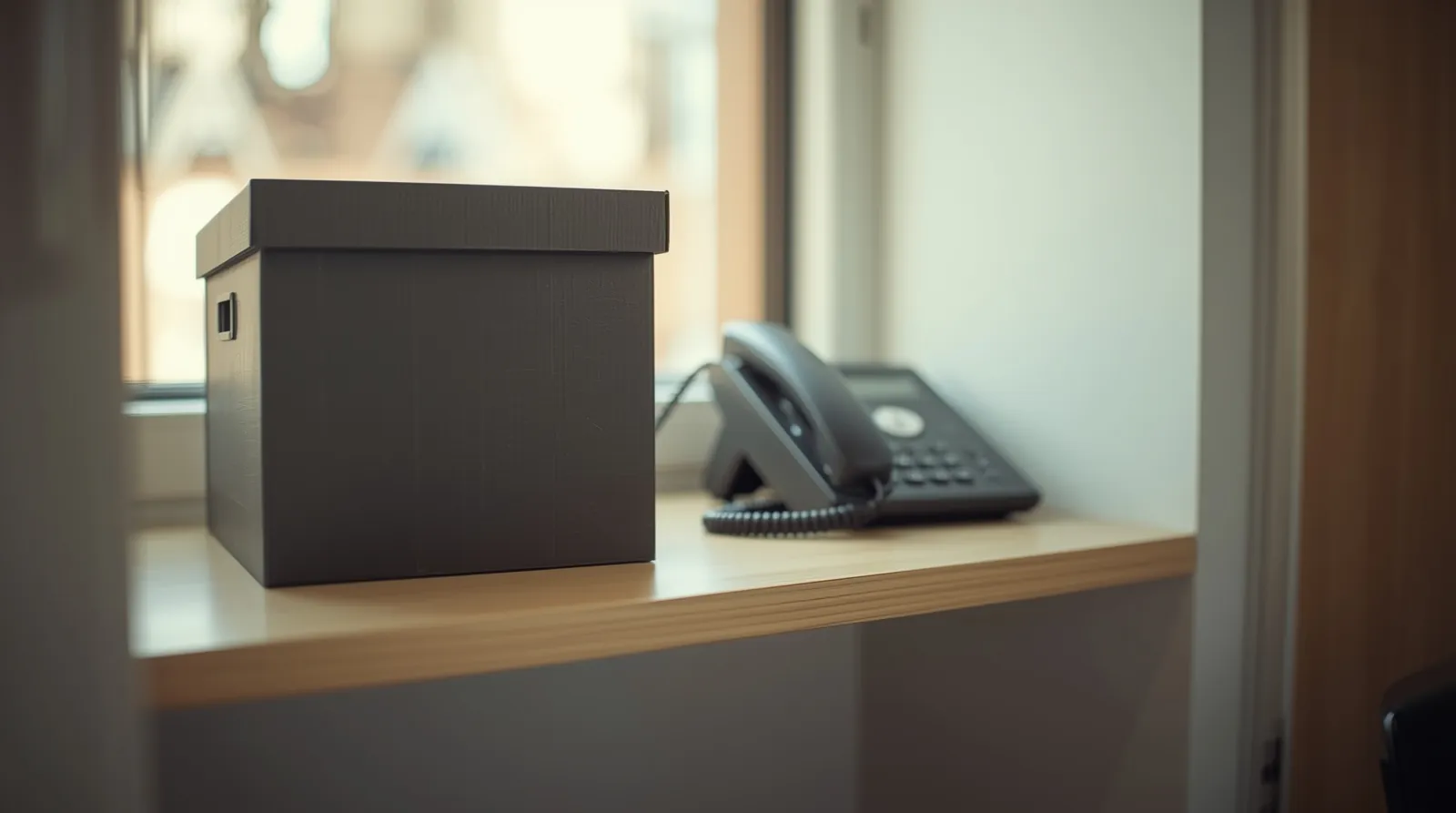 Eine geschlossene Archivbox und ein Telefon auf einem hellen Holzregal im warmen Licht