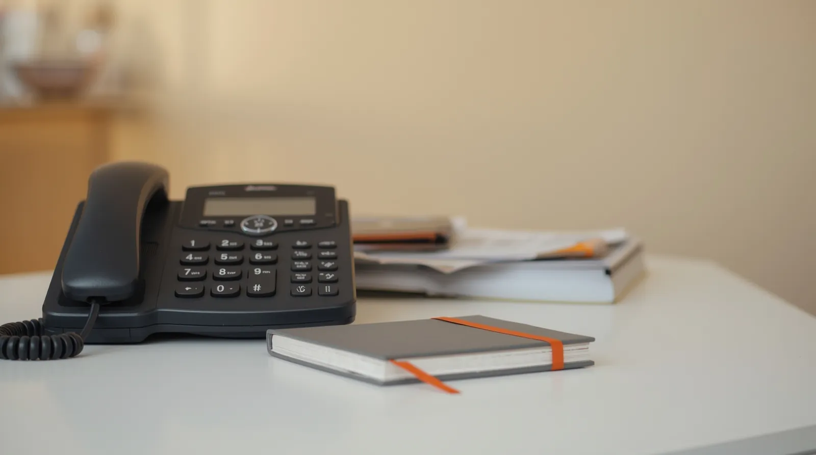 Telefon und ein geschlossenes graues Notizbuch mit orangefarbenem Lesebändchen auf einem hellen Schreibtisch