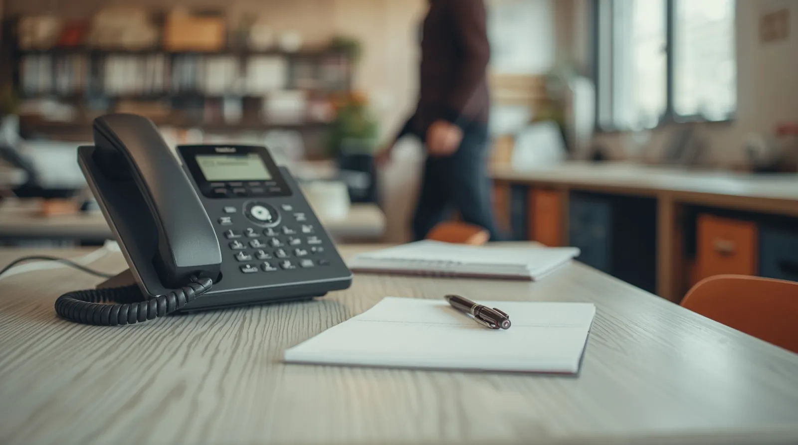 Telefon und Notizblock auf einem Holztisch im Büro, im Hintergrund geht jemand vorbei