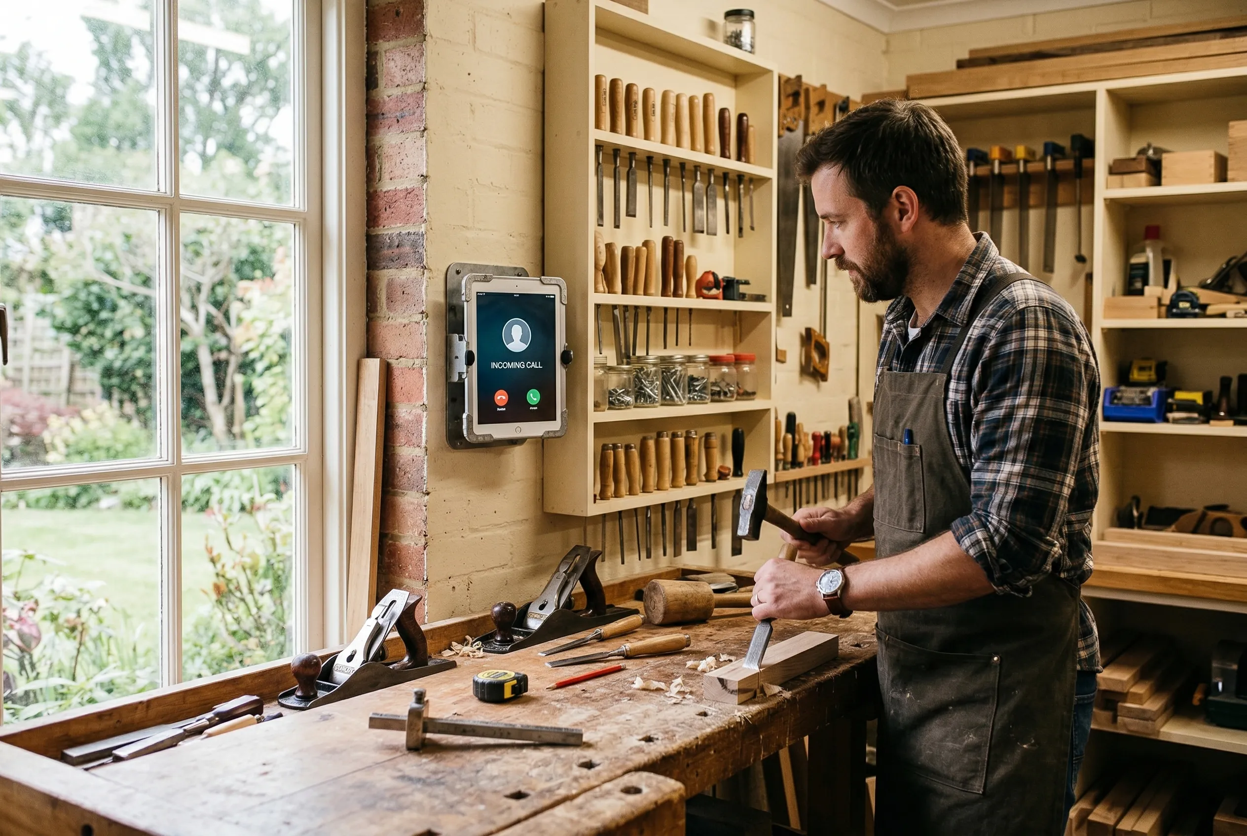 Voice Bot im Handwerksbetrieb — Tablet mit eingehendem Anruf in der Werkstatt