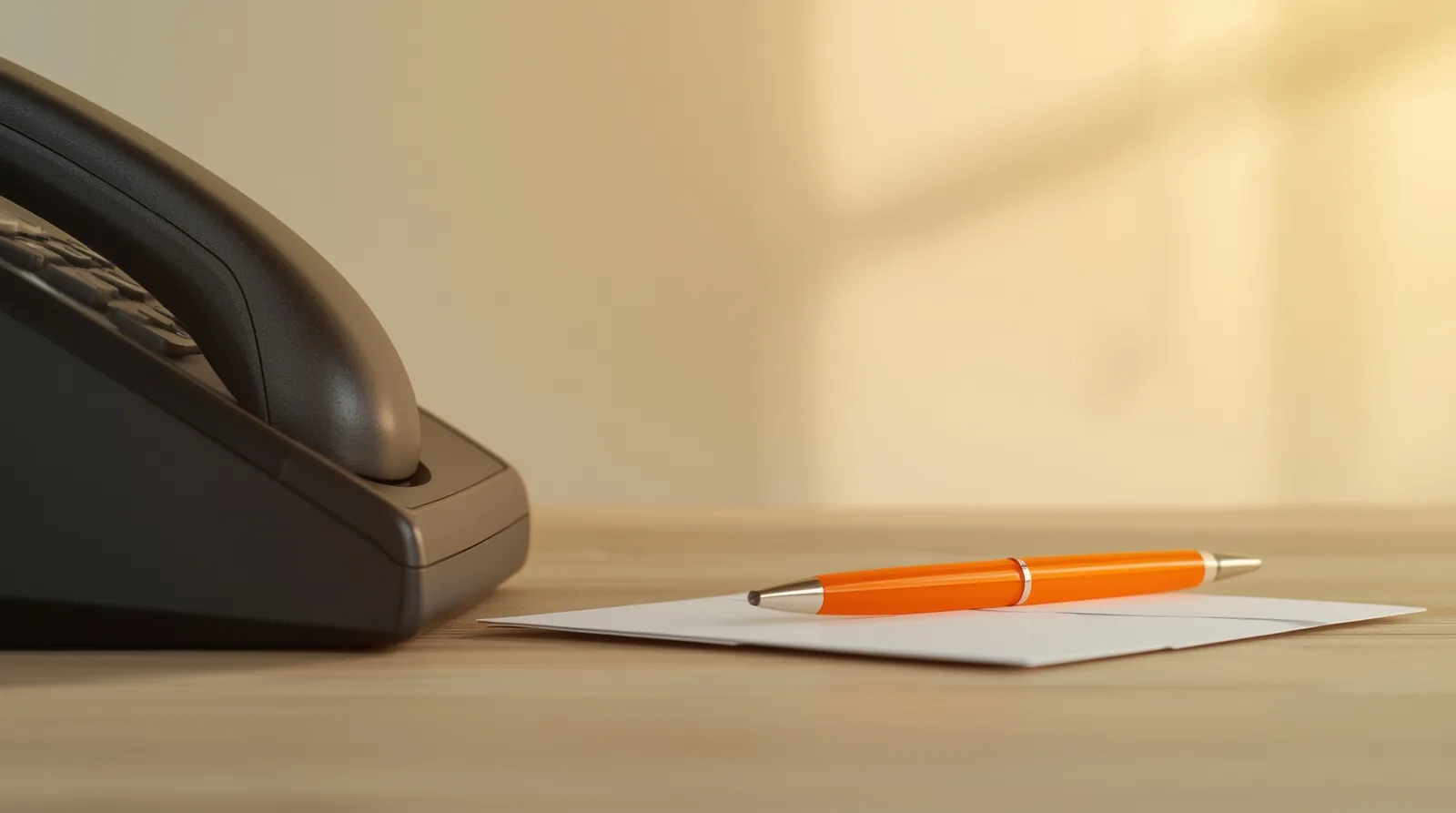 Telefon neben einem verschlossenen Briefumschlag und einem orangefarbenen Stift auf einem hellen Schreibtisch